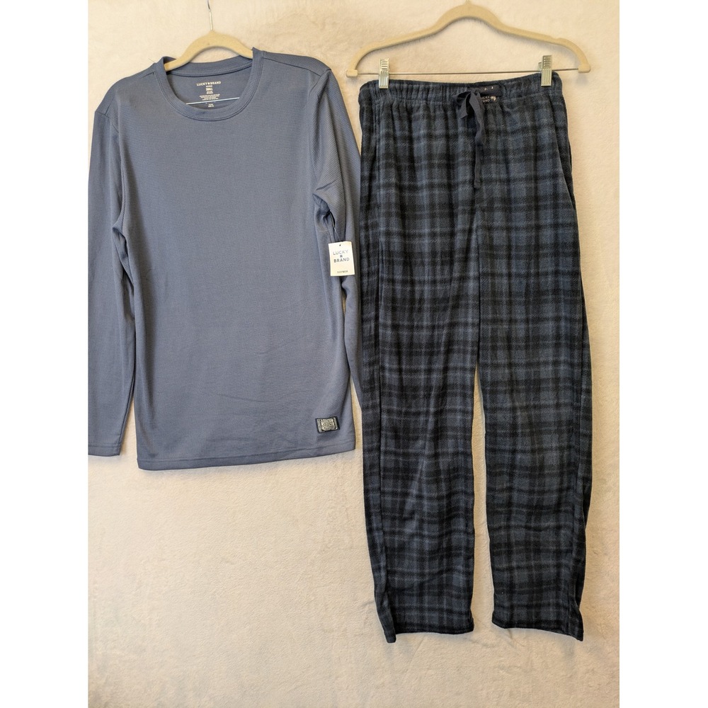 Lucky Brand Men's Size S Pajama Set Blue Waffle Knit Top Plaid‎ Fleece Pants NWT
